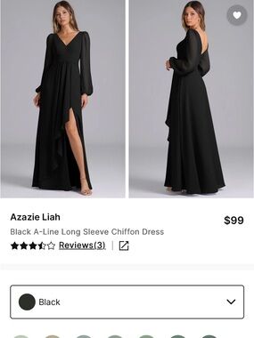 Azazie Liah Black A-Line Long Sleeve Chiffon Dress